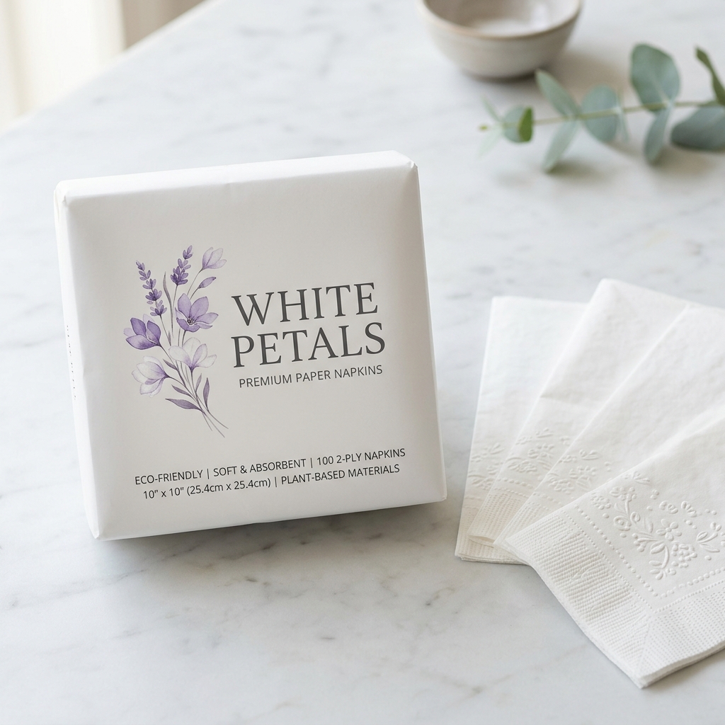 Premium packaging of White Petals napkins
